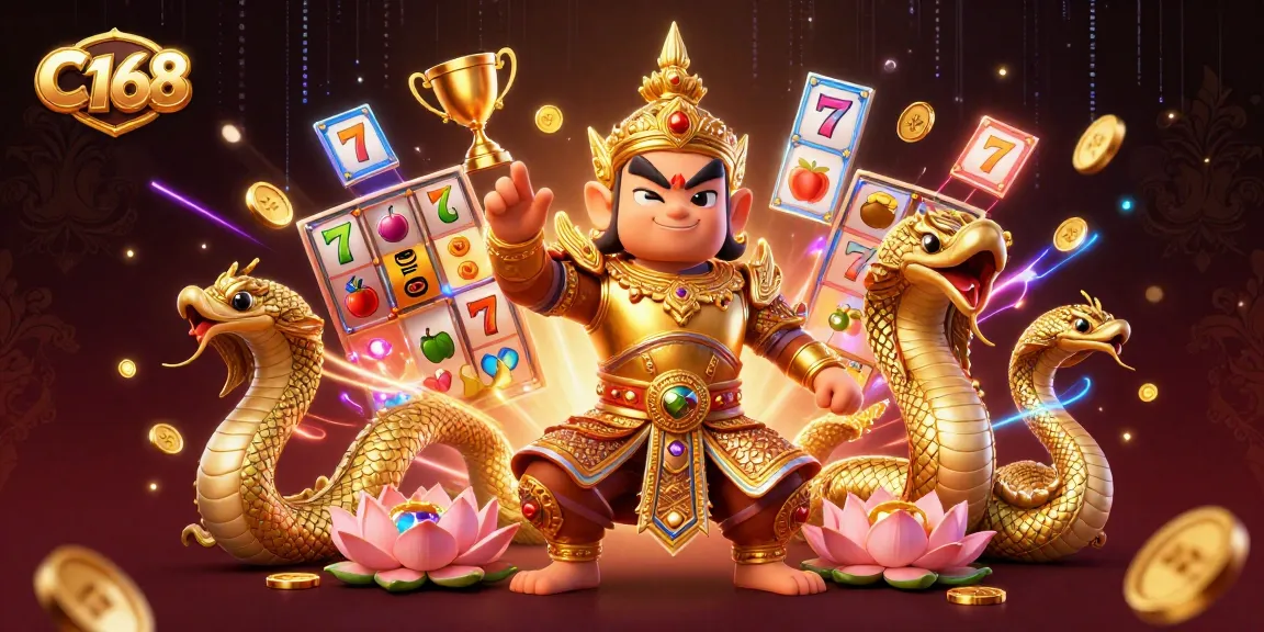 C168 Casino boasts vibrant slot games filled with action, featuring a golden armored guardian and mythical serpents.
