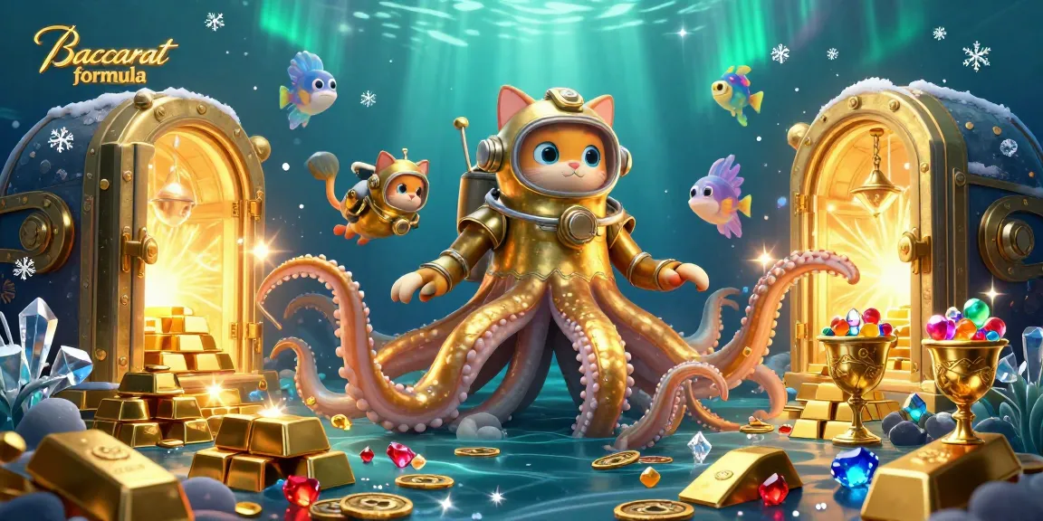 Experience the Baccarat formula with this captivating illustration of a kraken and diving cat amidst treasure.