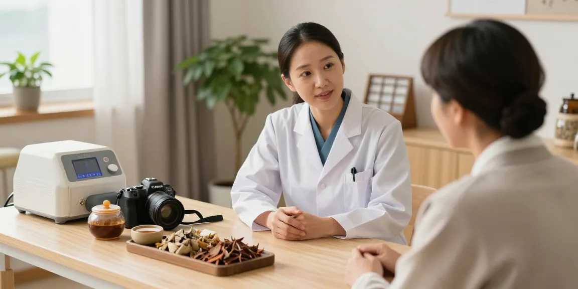 Consultation at 수원교통사고한의원 with practitioner and patient focused on recovery.