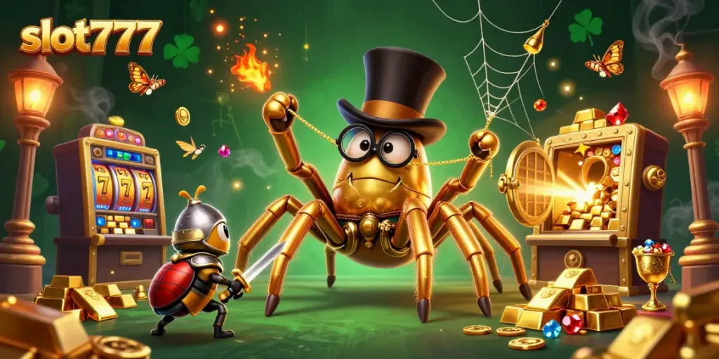 Permainan slot777 dengan tarantula emas dan kesatria beetle mendekat di latar kasino yang megah.