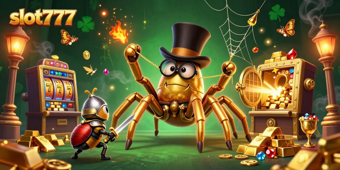 Permainan slot777 dengan tarantula emas dan kesatria beetle mendekat di latar kasino yang megah.