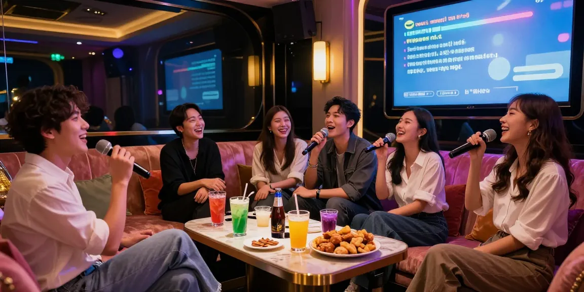 Enjoying a night out at 강남가라오케 with friends, vibrant lounge atmosphere and stylish decor.