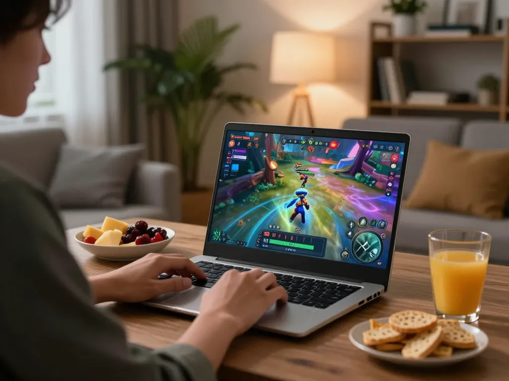 Engaging in nsfw games on a laptop in a cozy home setting with snacks and soft lighting.