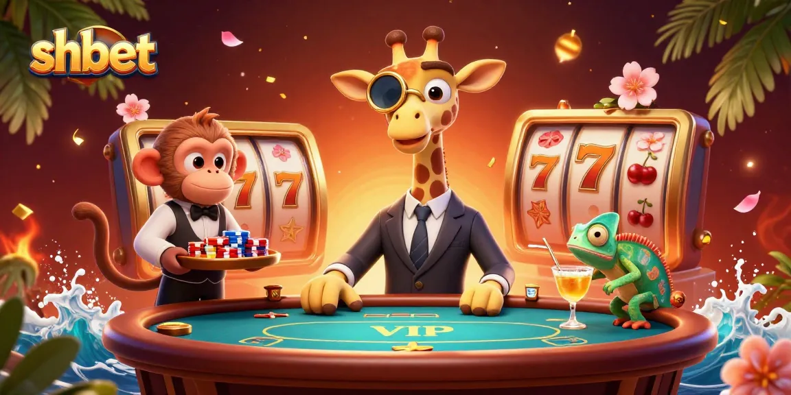Engage in thrilling games at SHBET, featuring vibrant casino scenes with unique characters and dynamic elements.