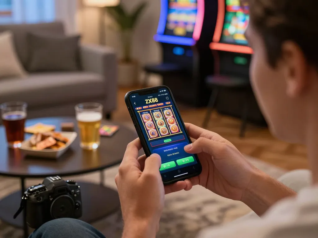Engaging gameplay on ZX88 app, showcasing online casino slots and live dealer games in a cozy home setting.