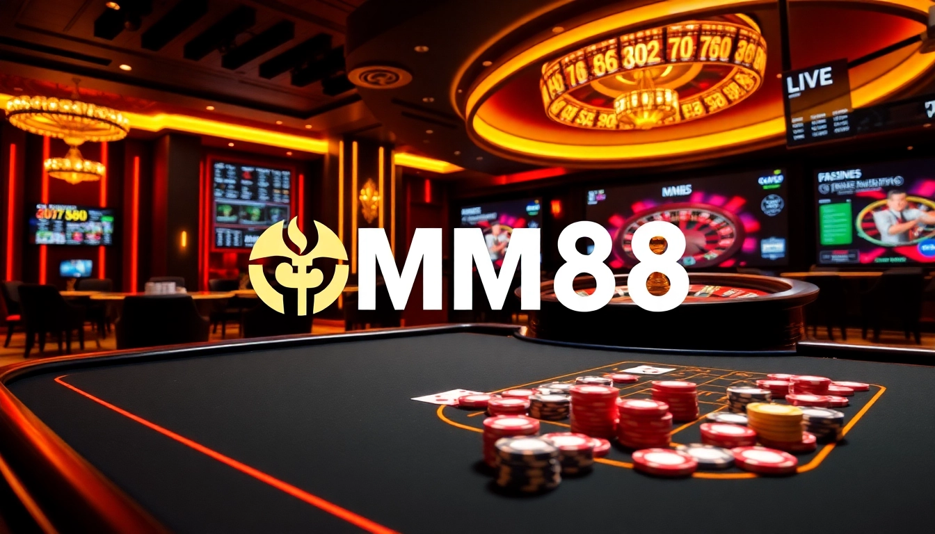 MM88 casino scene with vibrant chips, cards, and roulette wheel in a luxurious setting.