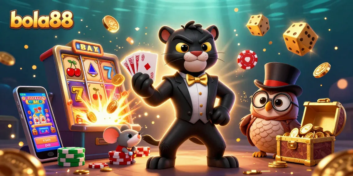 Rasakan keseruan taruhan dengan bola88, karakter kartun beruang hitam mewah dan burung hantu elegan, dikelilingi mesin slot dan kemenangan.