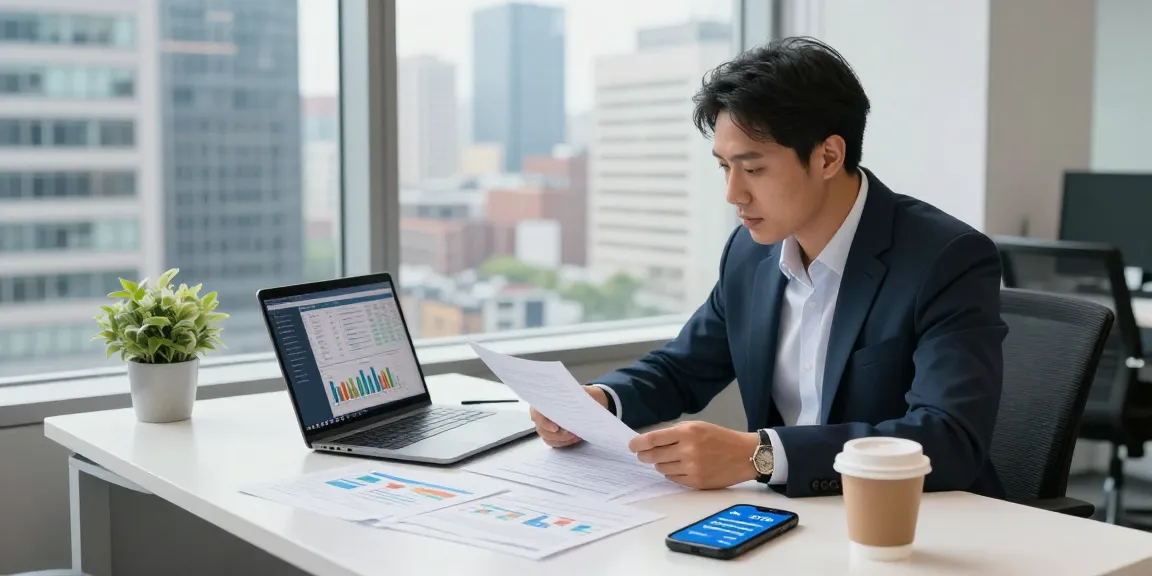 Professional financial consultant analyzing 소액결제현금화 at a modern desk with city view.