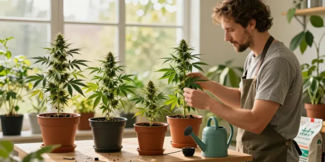 Grower nurturing high CBD cannabis seeds in a sunlit garden.