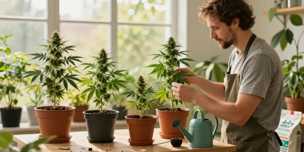 Grower nurturing high CBD cannabis seeds in a sunlit garden.
