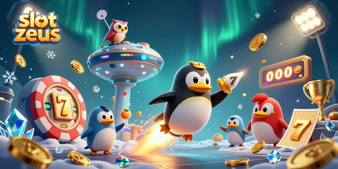 Spin for wins on slot zeus with a vivid illustration of a penguin, casino elements, and golden coins!