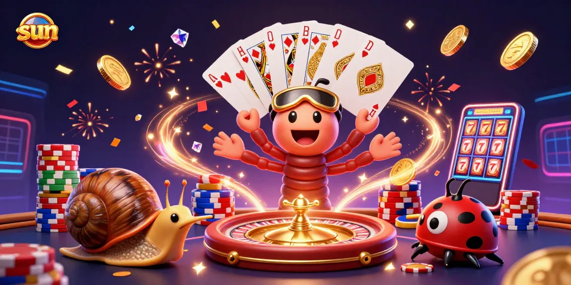 Experience thrilling casino action with sun as 3D dealer, high-roller snail, and pill bug in vibrant setting.
