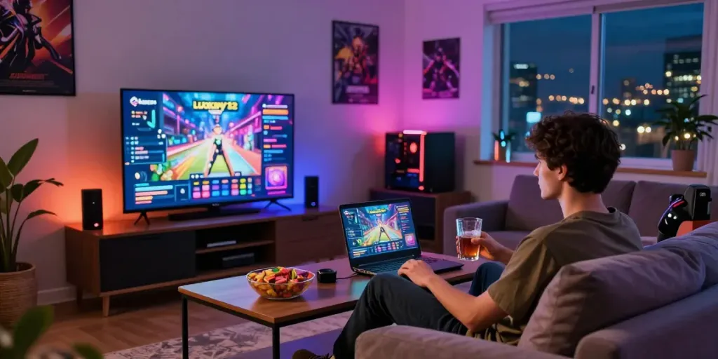 Exciting gaming atmosphere with luxury12 interface, comfy setup, and vibrant room lights.