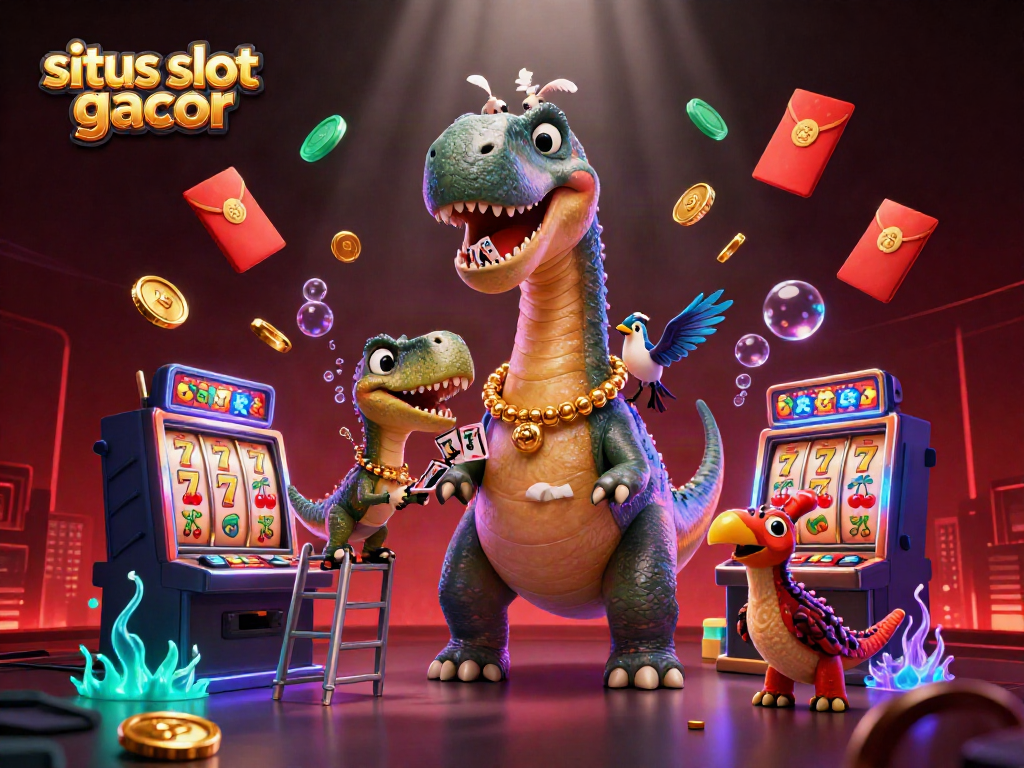 Menggandakan pengalaman situs slot gacor dengan ilustrasi kasino 3D yang menampilkan dinosaurus dan raptor.