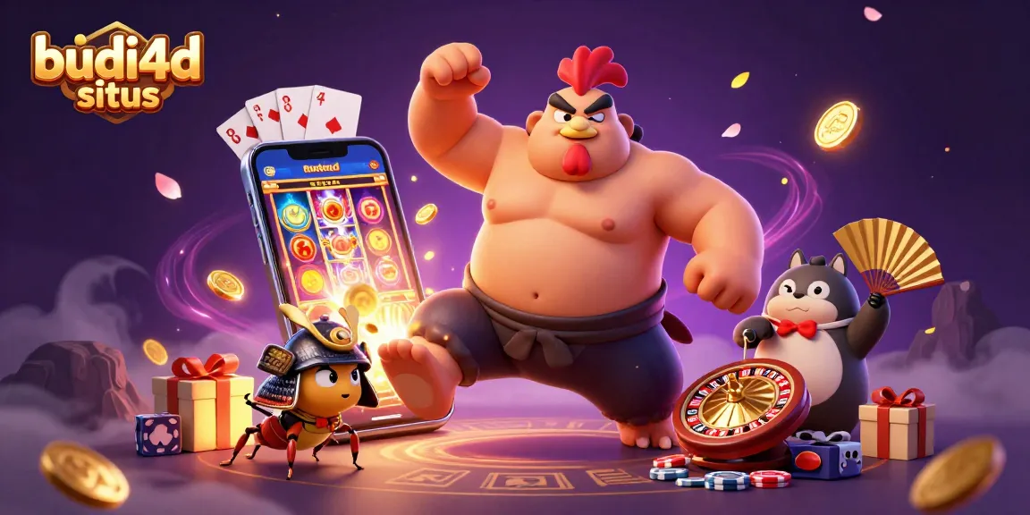 Budi4d situs presents a dynamic gaming scene featuring a powerful sumo rooster and samurai cricket amidst vibrant online casino action.