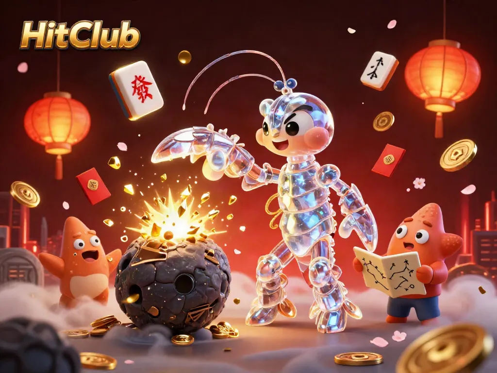 HitClub offers vibrant casino adventures with 3D cartoon characters amidst a treasure explosion.