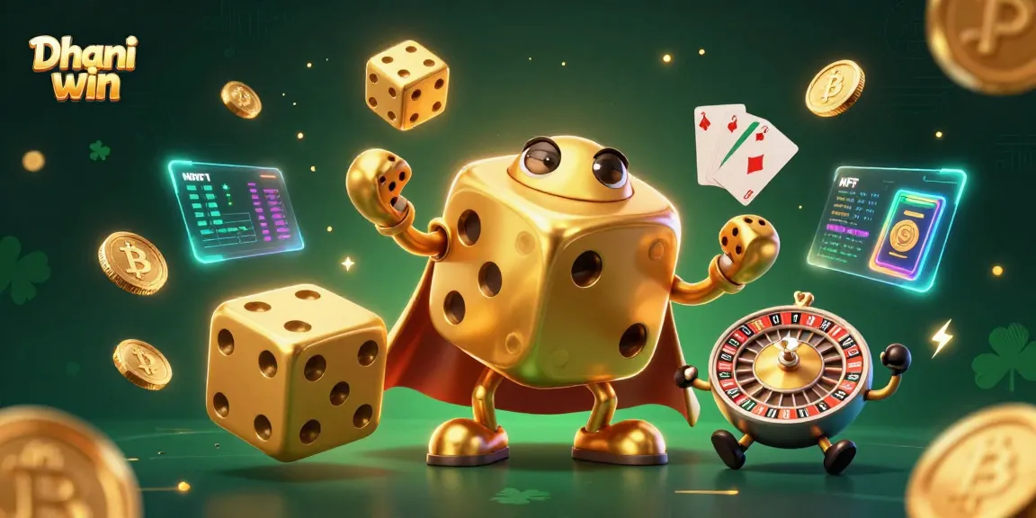 Dhani win showcases a vibrant casino scene with golden dice and crypto coins, perfect for gaming enthusiasts.