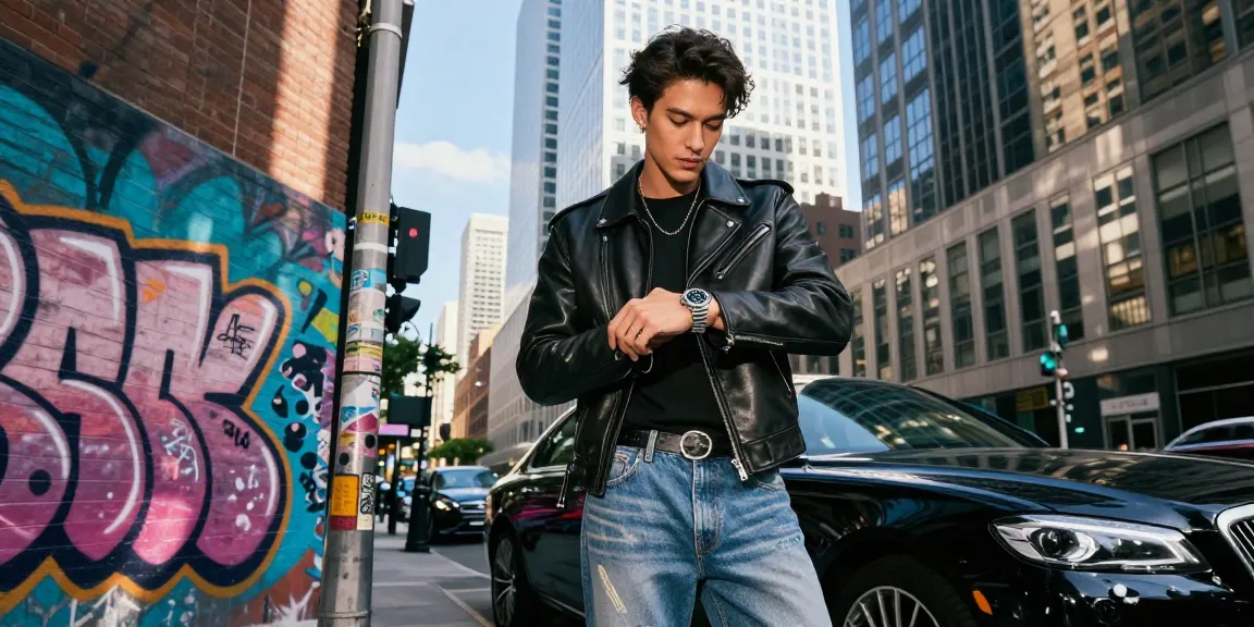 Stylish individual showcasing a rolex replica against a vibrant urban backdrop.