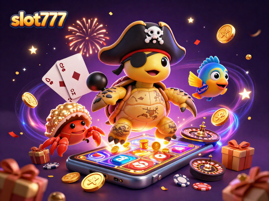 Win big with slot777 as a pirate turtle, crab, and parrotfish celebrate spinning reels!