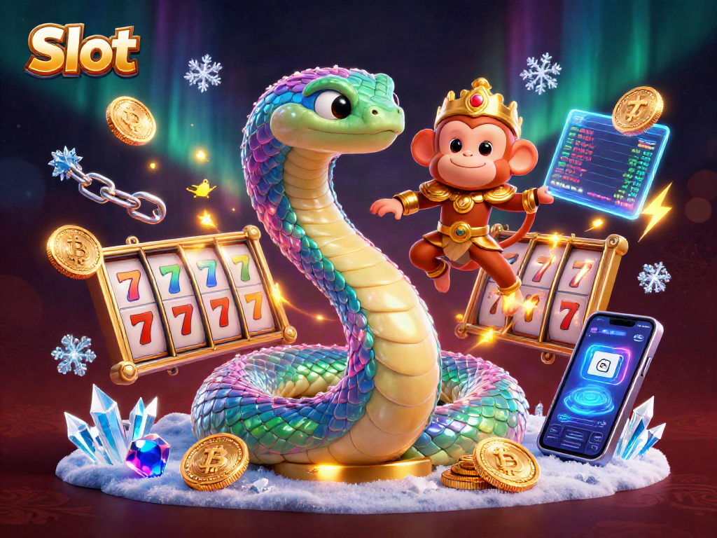 Spin the Slot reels with a rainbow serpent and monkey king in a magical casino scene.
