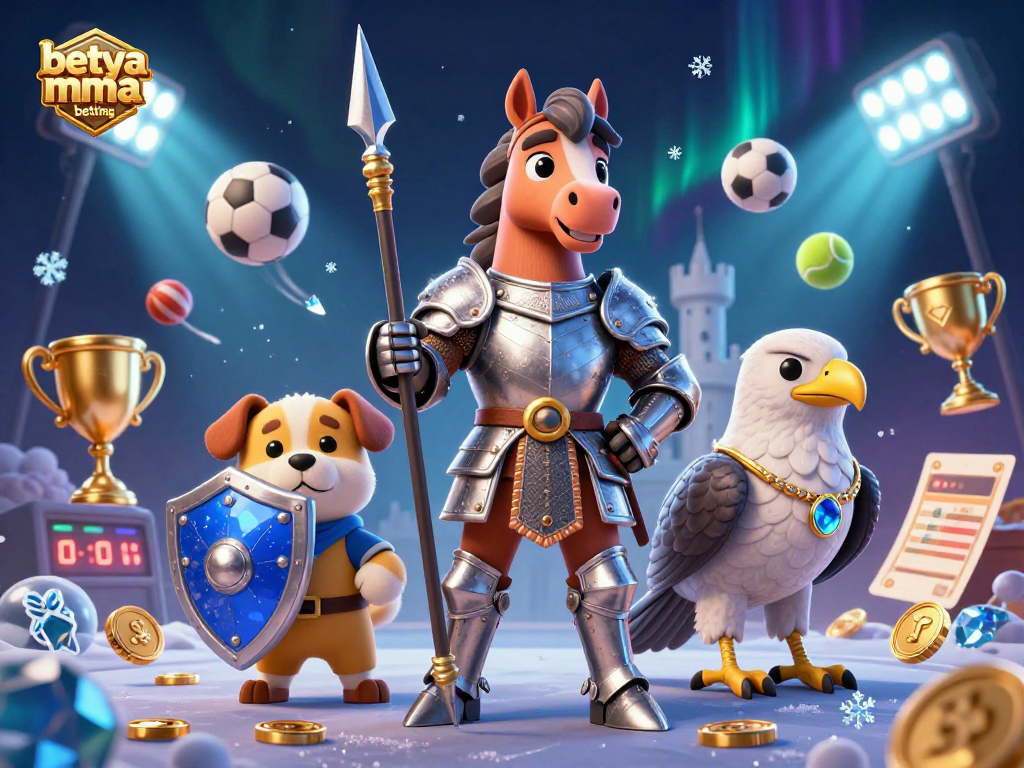 Experience betya mma betting excitement with a 3D cartoon knight, squire puppy, and falcon in a dynamic sports scene.