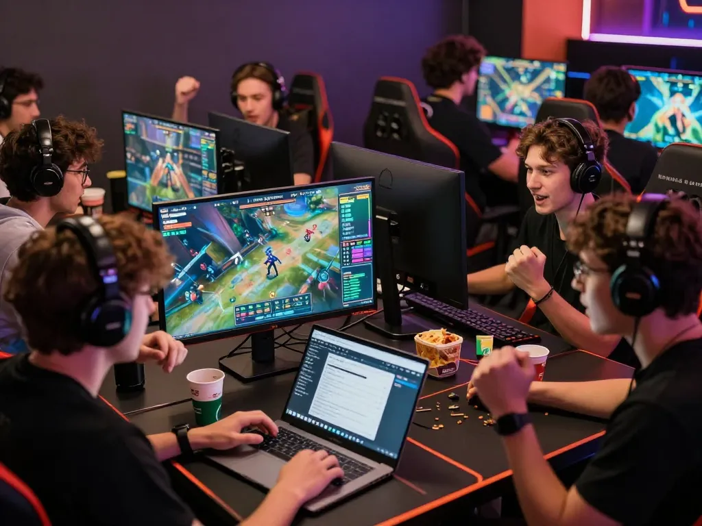 Engaged group betting on esports matches in Singapore with vibrant gaming setups