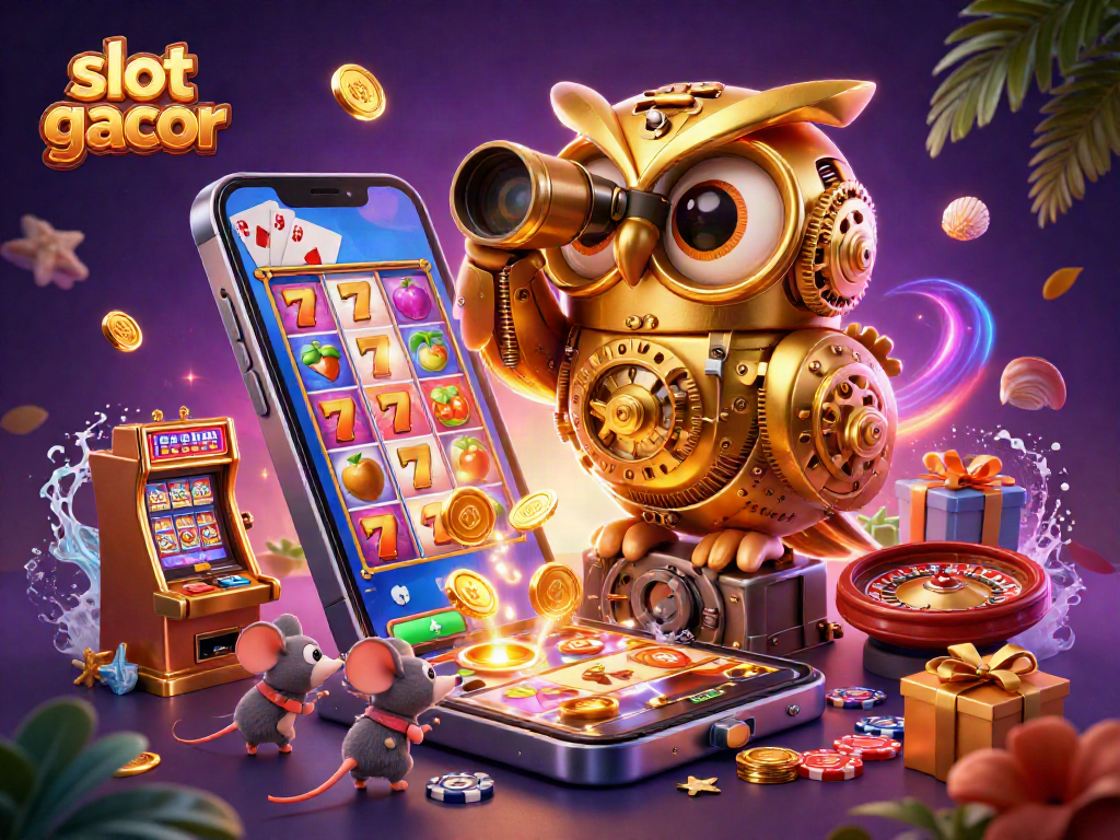 Engage with the dynamic slot gacor scene featuring a golden owl and lively casino elements.