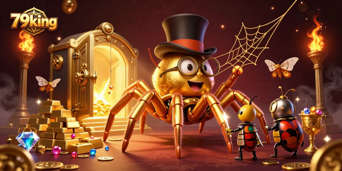 Engage in a thrilling adventure with 79king, showcasing a golden tarantula weaving amidst dazzling casino treasures.