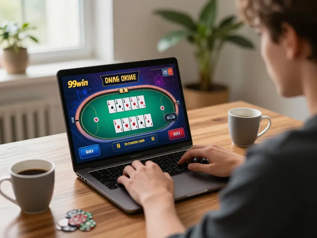 Playing 99win online poker on laptop at home, showcasing engaging game interface and comfortable setup