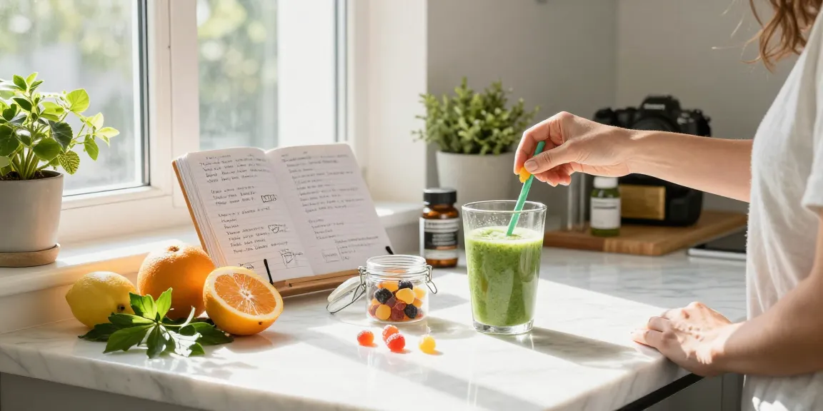Edibles featuring CBD gummies and oil tincture in a bright kitchen, emphasizing natural wellness and healthy living.