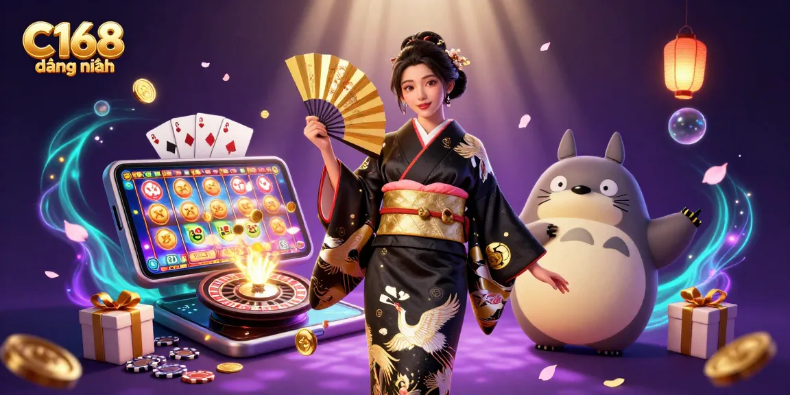 C168 đằng nhập spins the reels in an enchanting 3D casino scene with a traditional Japanese theme featuring vibrant characters and elements.