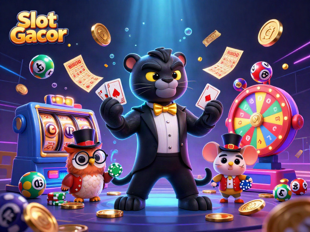 Slot Gacor menampilkan panther stylish dan burung hantu sambil memainkan kartu dan chip di kasino.