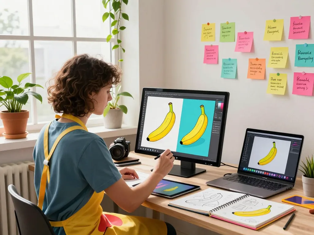 Creative workspace featuring an artist using nano banana AI image editor with vibrant colors.