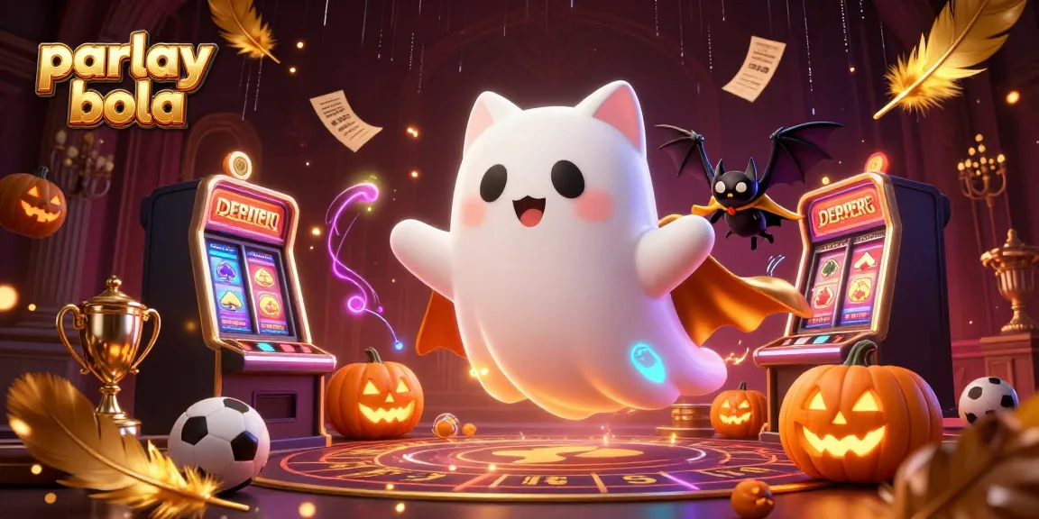 Engage with parlay bola in a vibrant, dynamic scene featuring a ghost cat, vampire bat, and glowing jack-o-lanterns amidst sports betting elements.