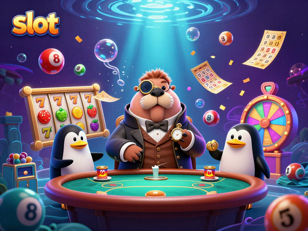 Pemain slot meriah dengan walrus dan penguin di meja poker, permainan seru di bawah laut.