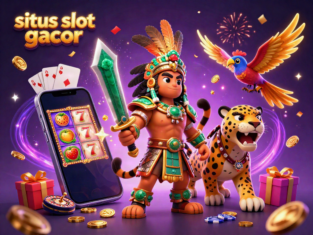 Situs slot gacor menyajikan ilustrasi kasino yang dinamis dengan karakter Aztec dan elemen permainan.