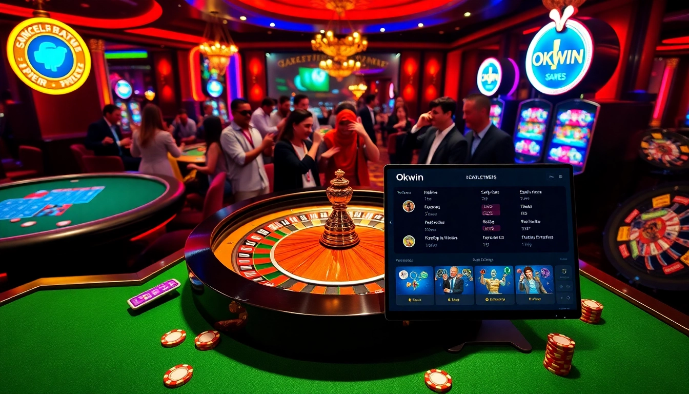 Excited gamblers betting on Okwin at a luxurious casino with roulette and slot machines