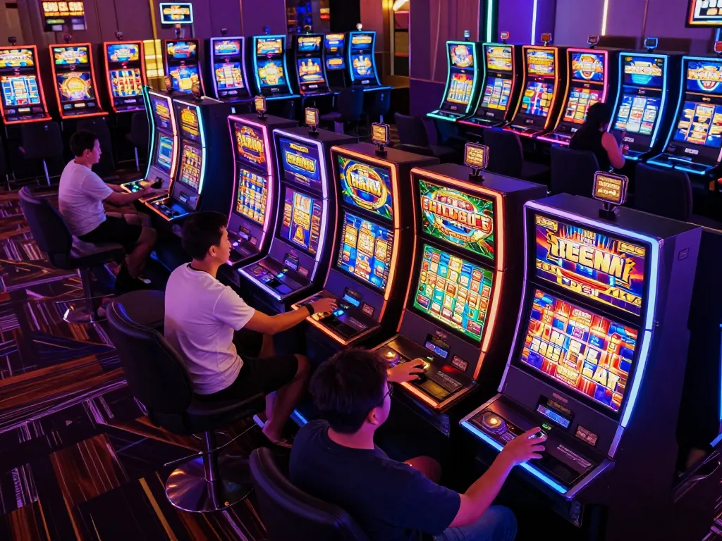 Exciting scene of players enjoying situs slot bet 200 at colorful slot machines in a lively casino.