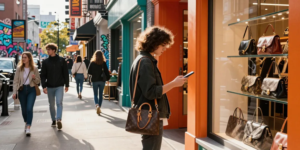 Exploring a 레플리카 쇼핑몰 in a vibrant urban setting, showcasing stylish luxury replica items.
