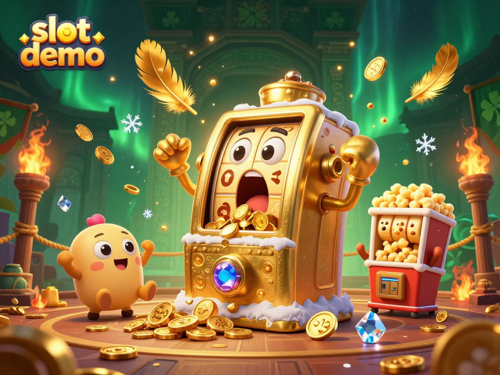 Slot demo menampilkan mesin slot emas beraksi di arena dengan koin berhamburan dan suasana ramai.