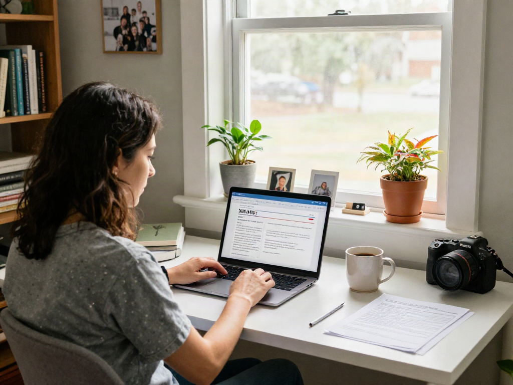 Individual reviewing Texas MMJ card application in a cozy home office.