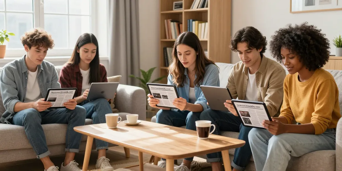 Engaged friends reading articles from https://www.theindaily.com in a cozy living room setting, discussing current events.