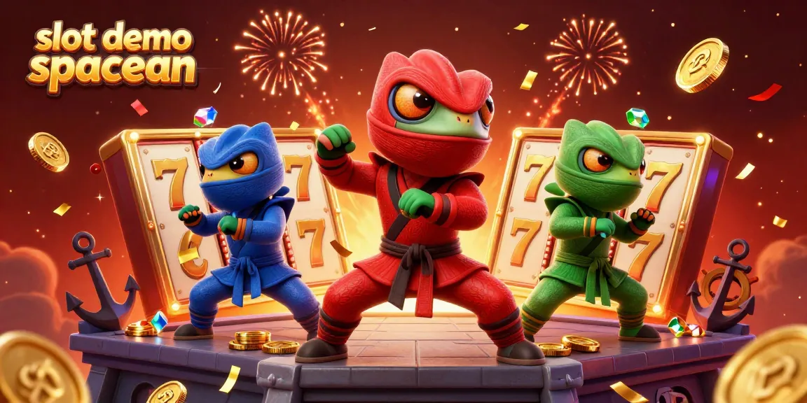Engage with the slot demo spaceman by witnessing cartoon ninja chameleons in action amidst vibrant casino elements.