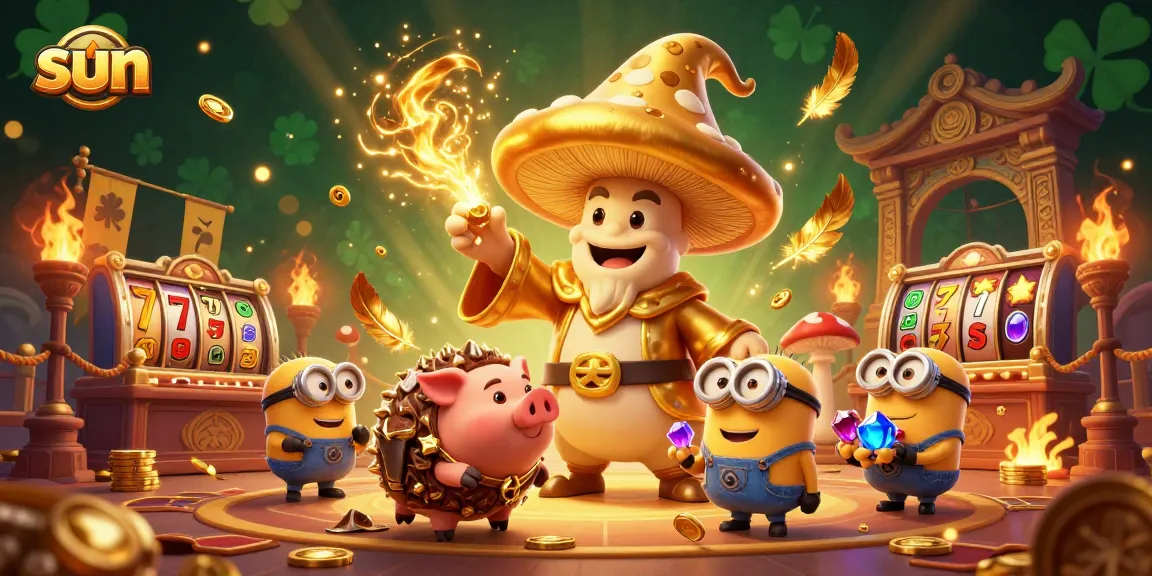 Bet on gold with the sun-themed wizard and treasure-hunting truffle pig in an enchanting casino scene.