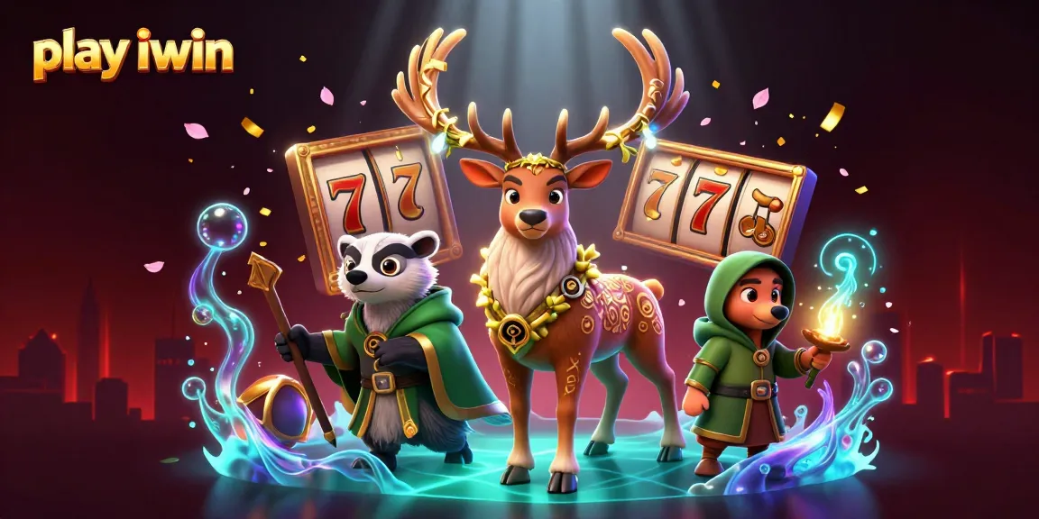 Play iwin and win big with 3D cartoon characters surrounded by vibrant casino game elements.