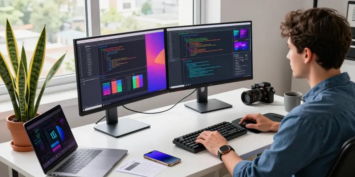 Efficient workspace featuring Snipaste下载 functionalities, showcasing a developer coding with dual monitors, laptop, and modern accessories.
