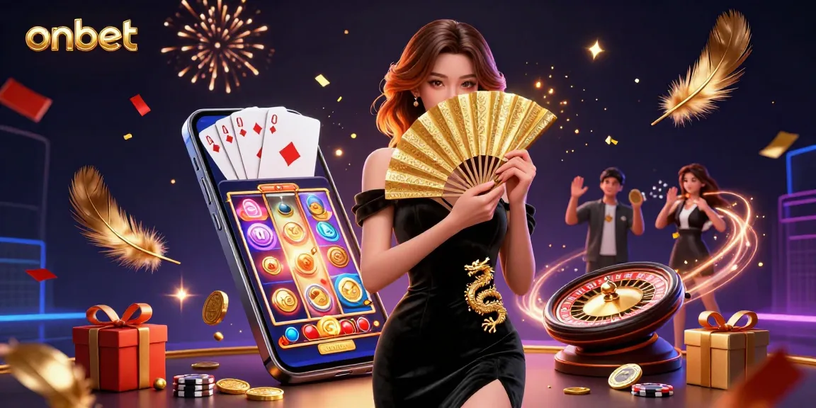 Experience winning action at onbet with an elegant casino scene featuring slot games and dynamic elements.