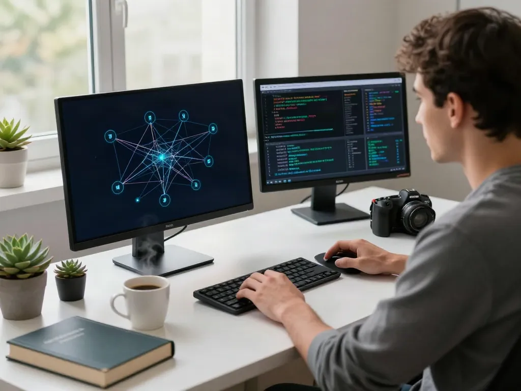 Focused exploration of the hidden wiki 2026 with a tech-savvy individual analyzing dark web data.