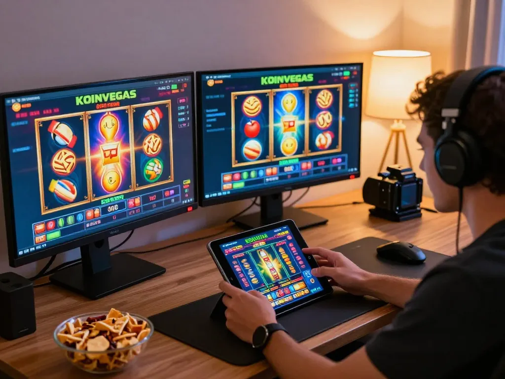 Koinvegas slot gaming session on multiple screens, player enjoying online slots in a cozy home setup.