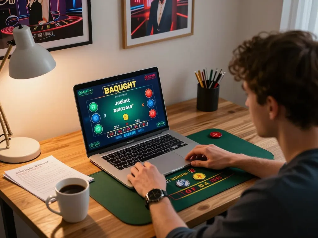 Active player strategizing on s8inc.com/ blackjack game in a cozy home office setting